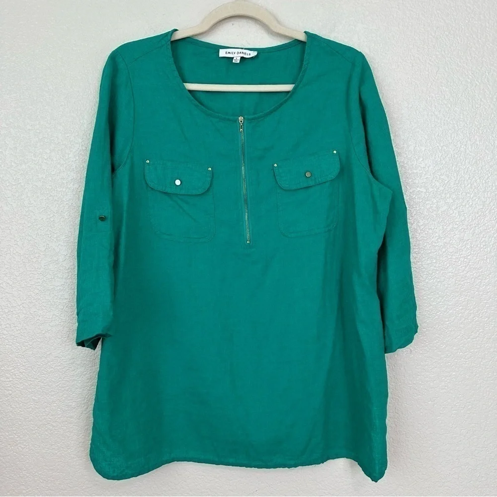 Emily Daniel Linen Blend 3/4 Sleeves Green Tunic Top, Sz Large